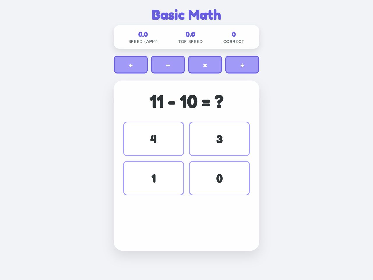 Basic Math practice question with operation selectors and multiple-choice answers.