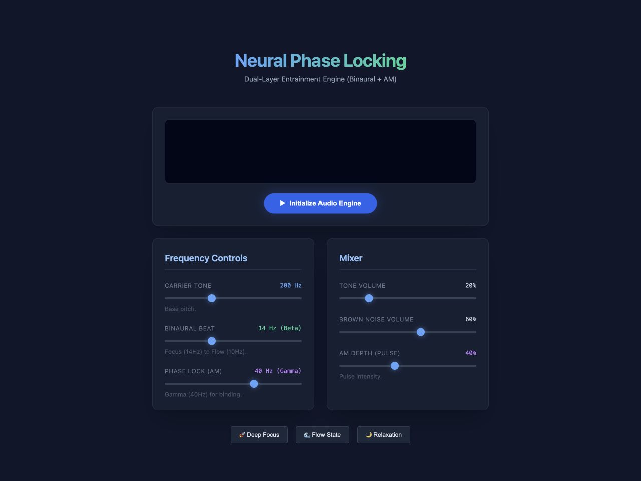 Neural Focus Engine with frequency controls and an audio mixer.