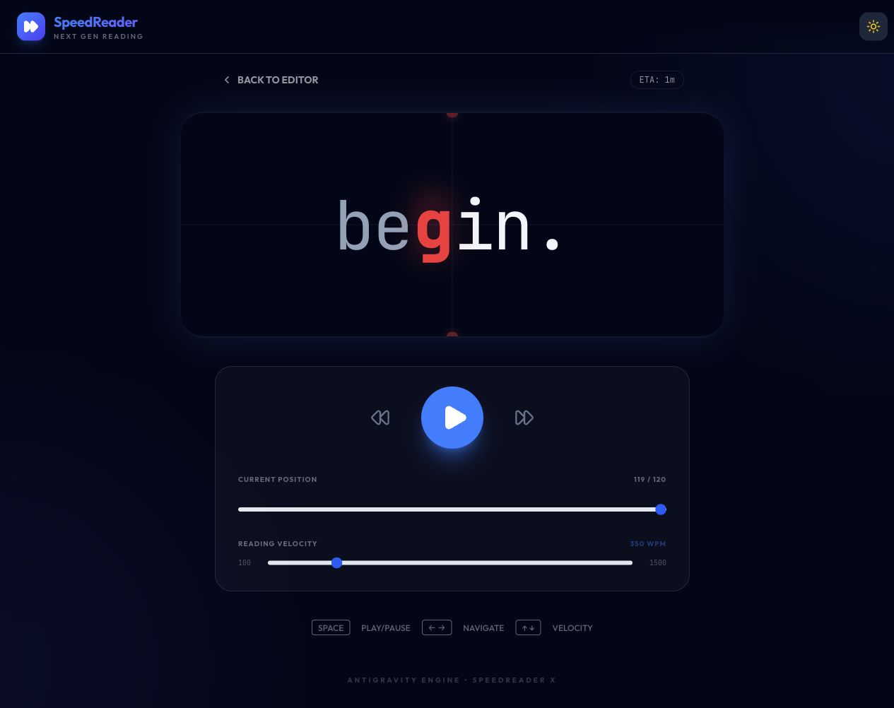 SpeedReader X reading view with a highlighted recognition point and pace controls.